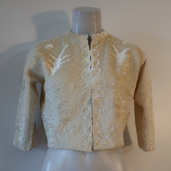Womens Made in British Crown Colony of Hong Kong Ivory Sequined Blazer Jacket M - Picture 2 of 12
